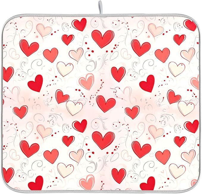 Happy Valentine’s Day Dish Drying Mat for Kitchen Countertop 18x24 Love Heart Red Pink Large Drying Mat Reusable Quick Dry Dish Sink Mats Easy Clean Decorative Essentials