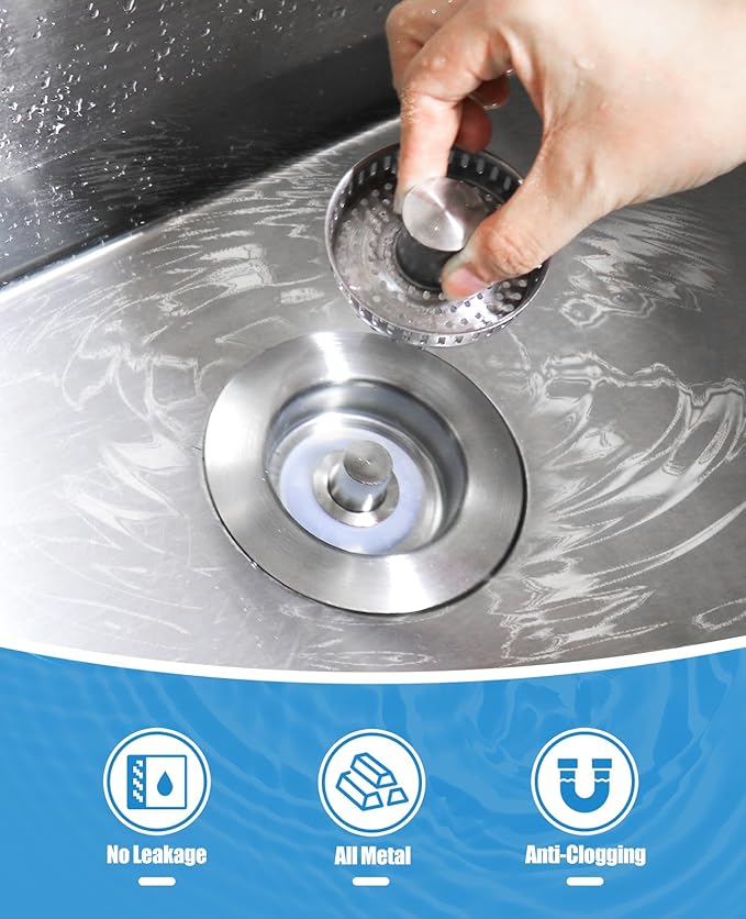 Kitchen Sink Drain Strainer, 3 in 1 All Stainless Steel Sink Strainer, Pop Up Sink Stopper with Copper Bounce Core, Anti-Clog Food Catcher Basket for US Standard 3-1/2 inch Drain (2 Pack)
