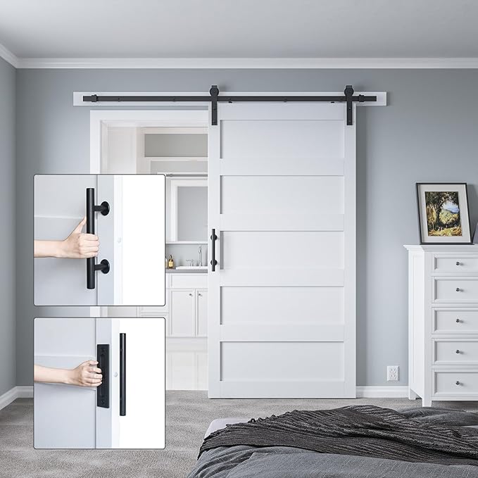 48in x 84in Sliding Barn Door with 8ft Barn Door Hardware Kit & Handle, Pre-Drilled Holes Easy Assembly -Solid Barn Door Slab Covered with Water-Proof PVC Surface, White, 5 Panel