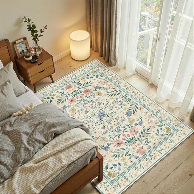 Floral Rug for Entryway, Bedroom, 3x5 Washable Area Rug, Green Vintage Boho Throw Rugs, Non Slip Low Pile Carpet forkitchen,Bathroom, Girls Kids Room and Nursery Room(Light Green 3x5ft)