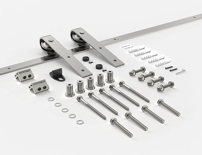 6.6FT Colorful Sliding Barn Door Hardware Track Kit, Brushed Nickel Roller Kit for 1 Door, J Shape(No Door) (6.6 FT-J Shape-Brushed Nickel)