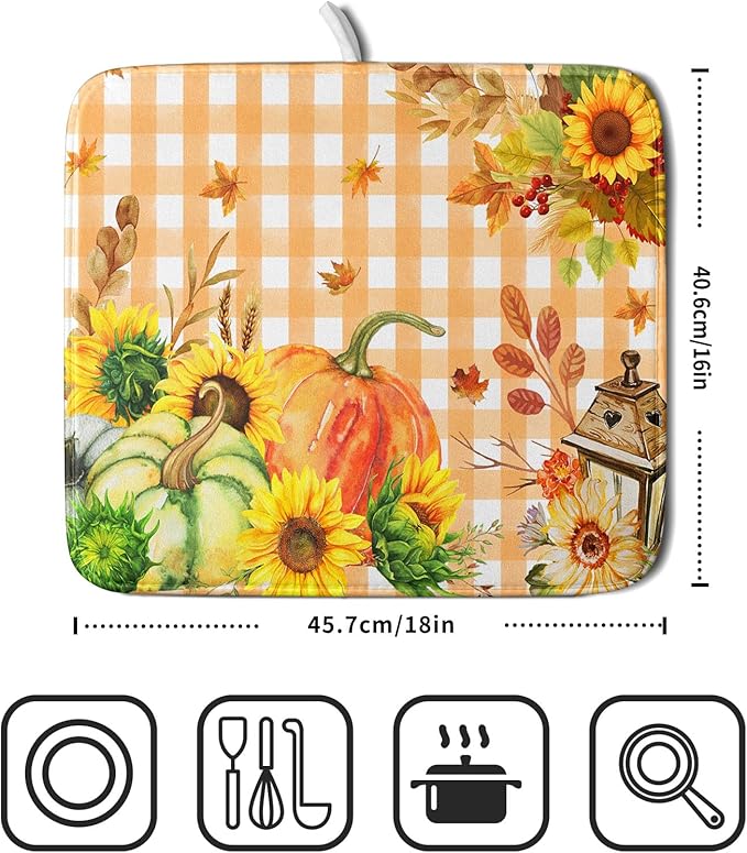 Autumn Maple Leaf Orange White Check Plaids Dish Drying Mat for Kitchen Counter,Fall Sunflower Pumpkin Drying Mat 16 x 18 Inch with Absorbent Reversible Microfiber Dish Drying Pad for Coffee Bar