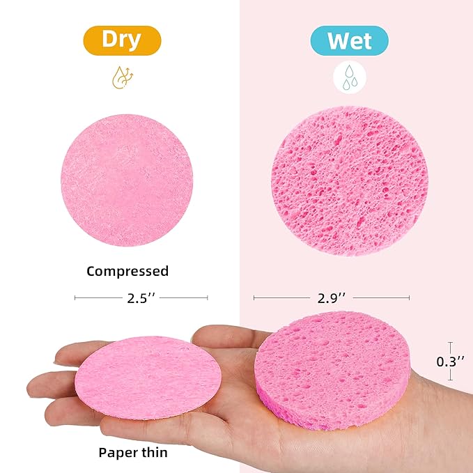 60-Count Compressed Facial Sponges 100% Natural Cellulose Cosmetic Spa Sponges for Daily Facial Cleansing Makeup and Mask Removal Pore Exfoliation (Pink)