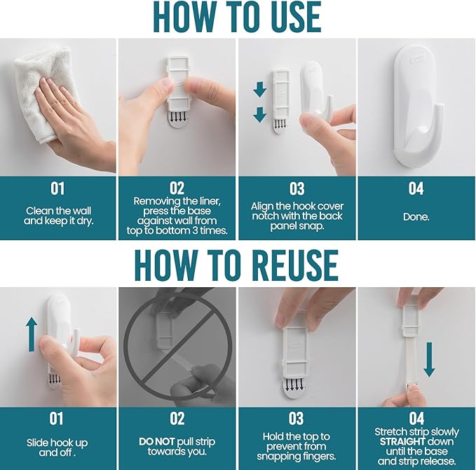 TAILI Hooks for Hanging,6 Plastic Sticky Hooks and 8 Adhesive Strips, White Utility Hooks for Painted Wall, No Damage Heavy Duty Holds up to 3 lb, Removable & Reusable for Door, Dorm, Clothes, Closet