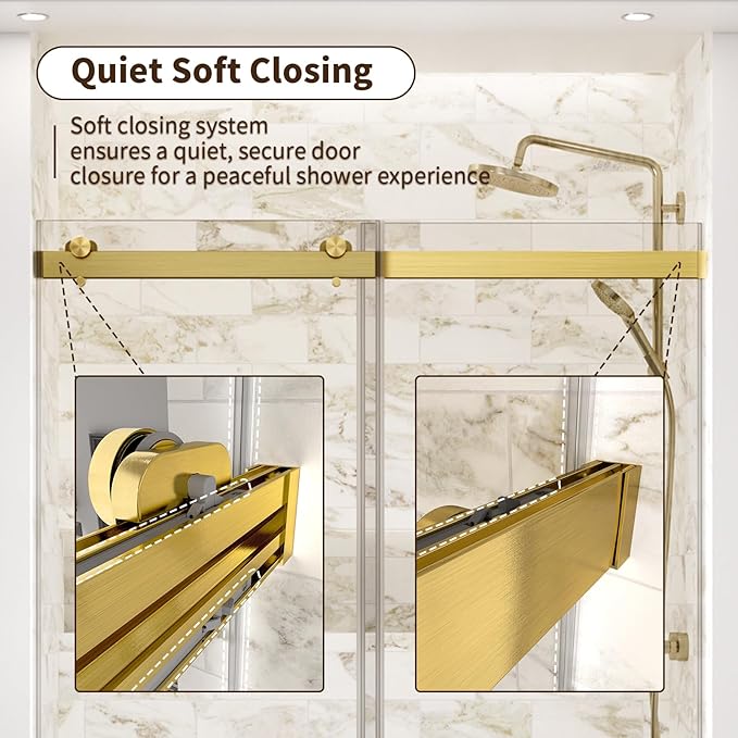 Frameless Double Sliding Shower Door,44-48" W x 74" H Glass Shower Doors with Soft Close System,5/16" (8mm) SGCC Tempered Clear Glass,Explosion-Proof Film Nano Coating,Brush Gold