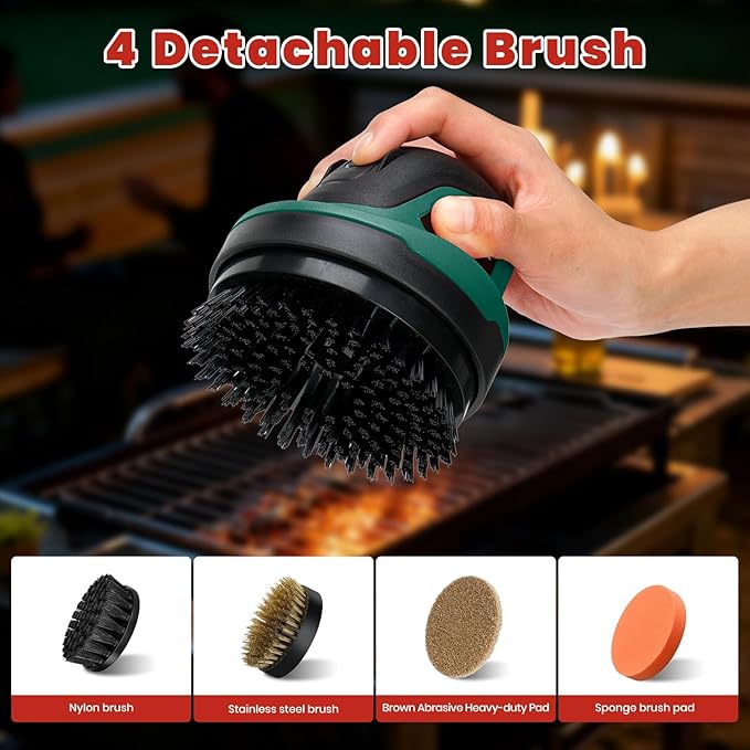Electric Grill Brush- Waterproof Cordless Rotary Cleaning Brush with 4 Heads for Outdorr Grill,Car,Bathroom