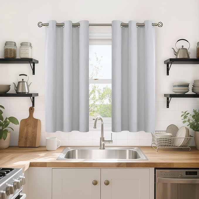 YoungsTex Short Linen 100% Blackout Curtains 45 Inch Length for Bedroom, Thermal Insulated Drapes with Grommet Darkening Privacy for Bathroom Kitchen Window, Light Grey, 2 Panels, 42 X 45 Inch