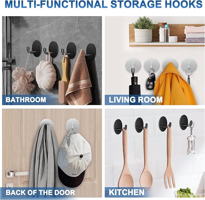 Adhesive Hooks for Bathrooms, 4 Piece Towel Hooks for Hanging Hat Robe Coat, Stick on Hooks for Kitchens, Strong Self-Adhesive No Damage Waterproof Stainless Steel Sticky Hook (Silvery)