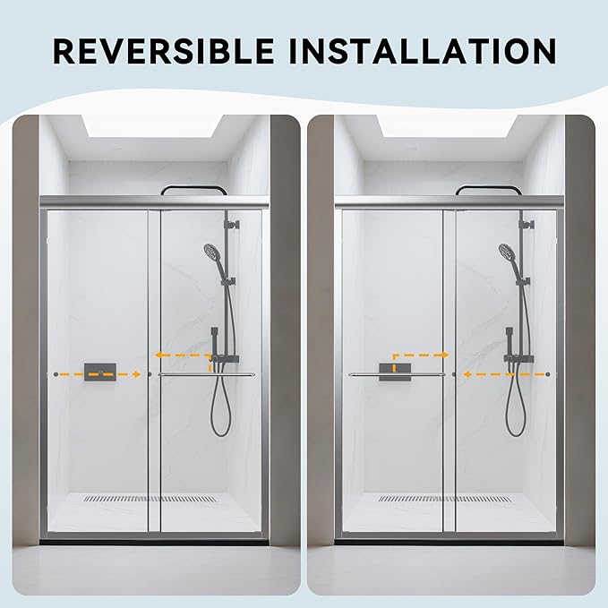 44-48" W x 72" H Bathroom Double Sliding Shower Door, Semi-Frameless Shower Glass Doors with 1/4" (6mm) Clear SGCC Tempered Glass and Stainless Steel Handles, Easy to Install, Chrome
