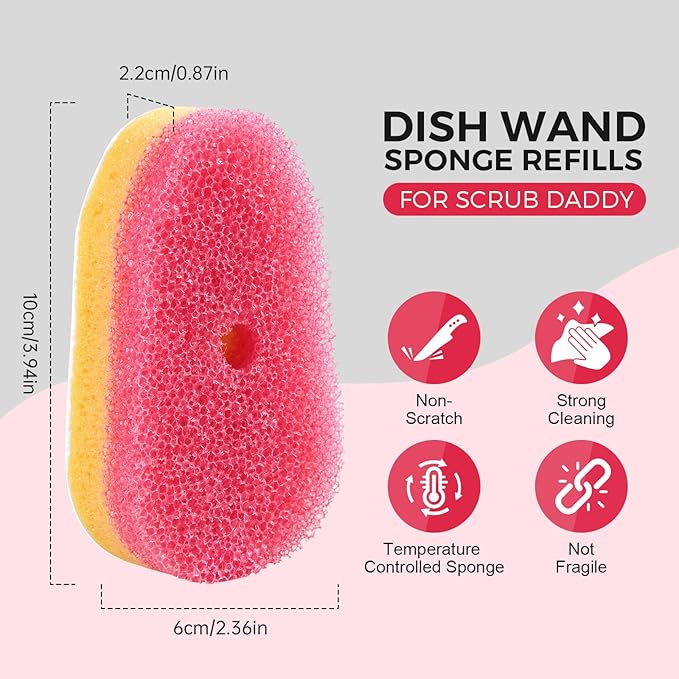 10 Packs Dish Wand Sponge Refills for Dish Daddy Pink