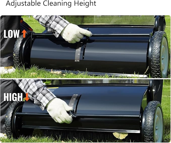 Lawn Push Sweeper, 26" Sweeping Width Floor Sweeper, 7 Cu. Ft. Hopper Capacity, 4 Spinning Brushes, Angle & Height Adjustable Folding Handle for for Leaves and Grass, Yard, Garage, Patio (26“)