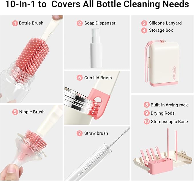 Baby Bottle Brush, 10 in 1 Travel Baby Bottle Cleaner Brush Set with Silicone Brush, Nipple Brush, Straw Brush, Soap Dispenser, Portable Drying Rack, Breast Pump & Bottle Cleaning Kit - Coral Pink