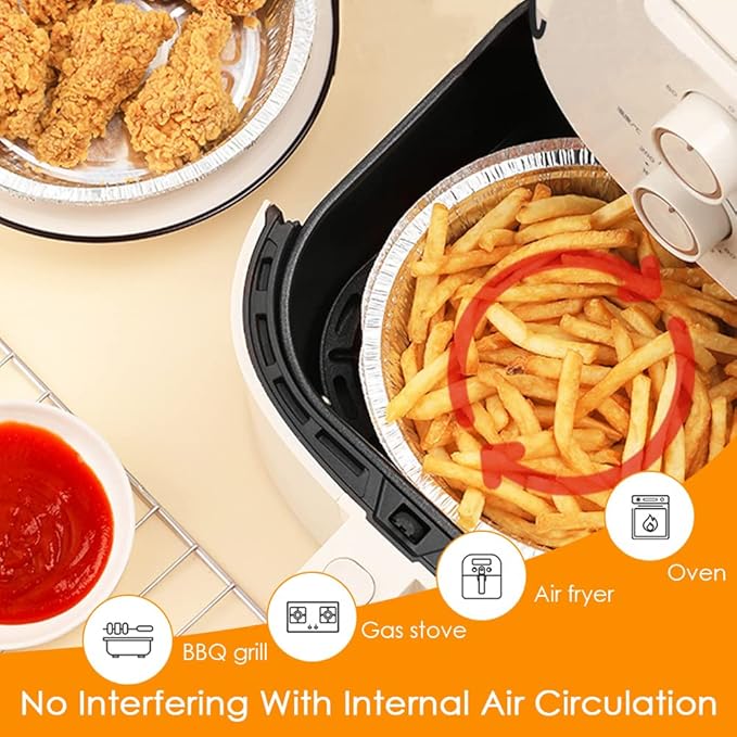 Non-Stick Round Disposable Air Fryer Aluminum Foil Liners 50PCS, Oil-Proof Aluminum Foil Tin Box Also for Steamer Basket Instant Pot Oven & Grill (8 Inch)