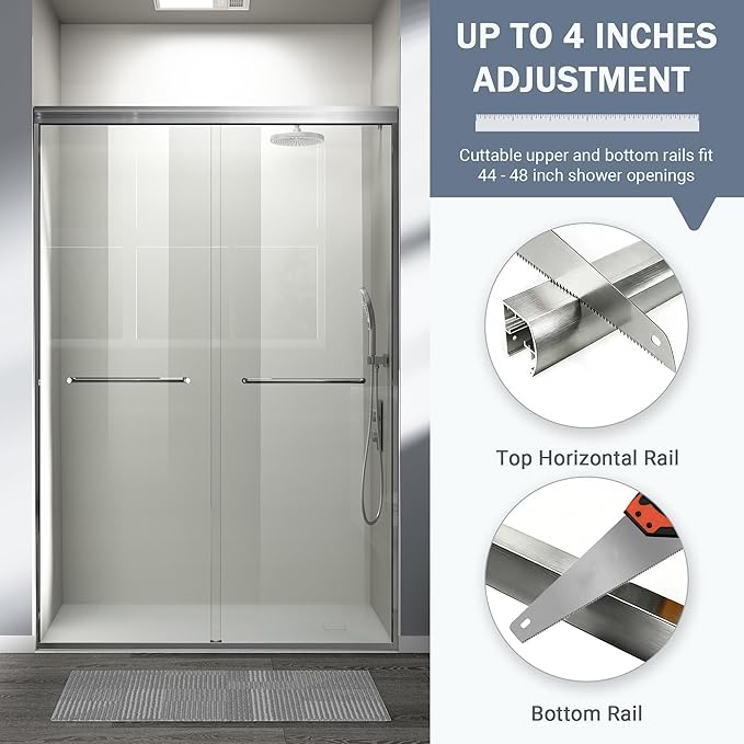 44-48 in. W x 72 in. H Double Sliding Shower Door, Semi-Frameless Bypass Bathroom Sliding Door with 1/4" (6mm) Tempered Glass for Walk-in Shower, Brushed Nickel