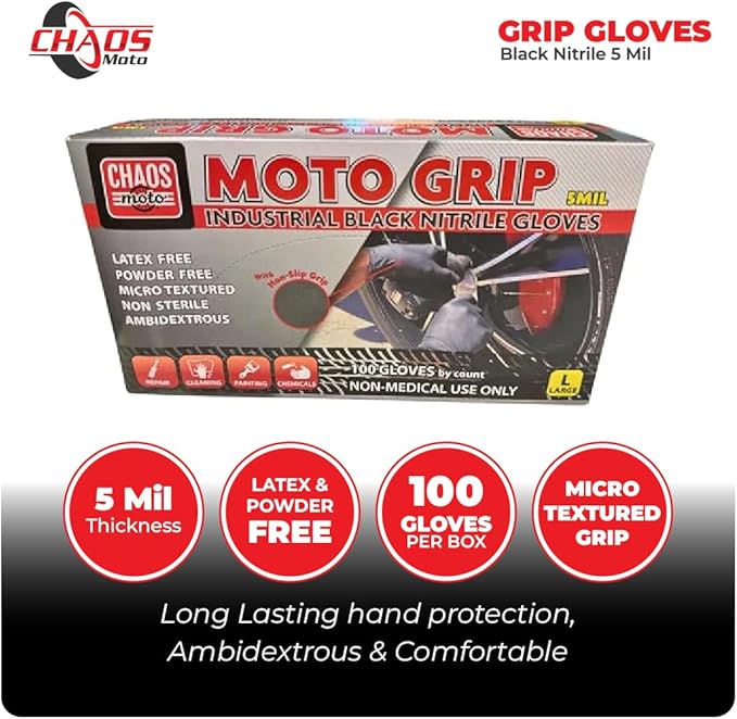 Grip Black Nitrile Gloves 5mil Latex-Free, Powder-Free, Micro-Textured for Repair, Cleaning, Painting, Chemical (1 box/100 gloves), Large