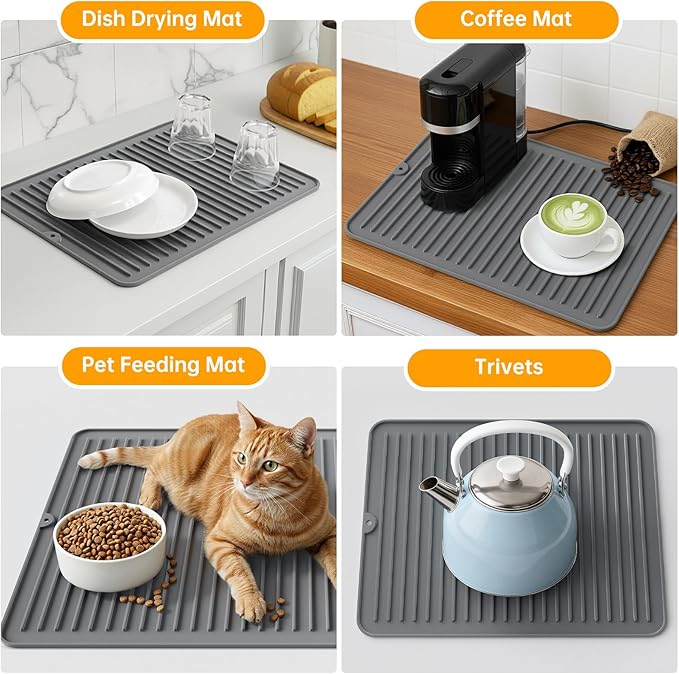 Songrey 16" x 6.5" Silicone Dish Drying Mat, Kitchen Counter Drying Pad for Sink Dishes or Under Rack, Multi-Use as Heat Resistant Trivet, Coffee Bar Mat