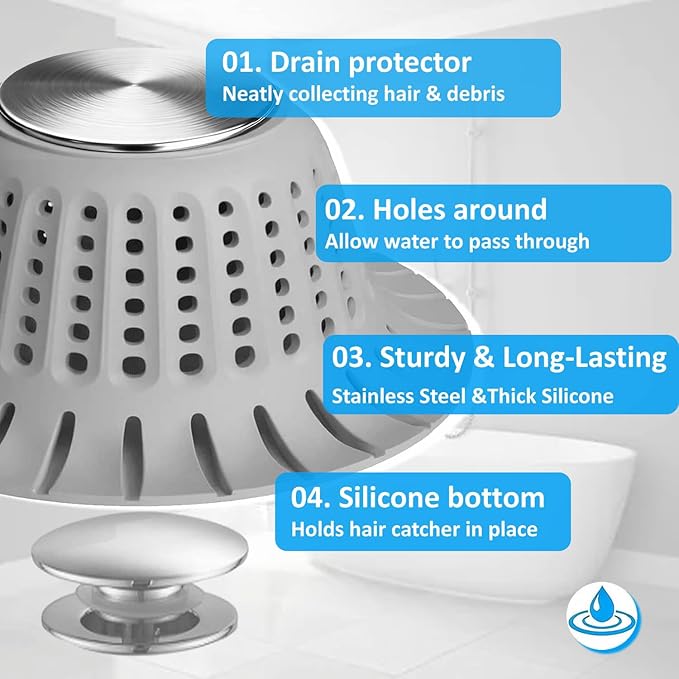 Hair Catcher Shower Drain,Bathtub Drain Hair Catcher, Covering Bathroom Sink Drain Strainer, Bathtub Protector for Pop-Up & Flat Bath Tub Drain Stoppers,Hair Trap for Shower Drain Effectively (Grey)