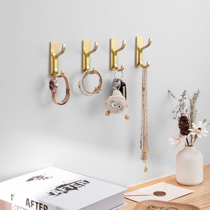 niffgaff Wall Hooks for Coat and Towel: 13lb Adhesive Door Hanger Stick On, Sticky Hook for Wall, Closet, Bathroom - Stainless Steel, Brushed Gold, 4 Pack