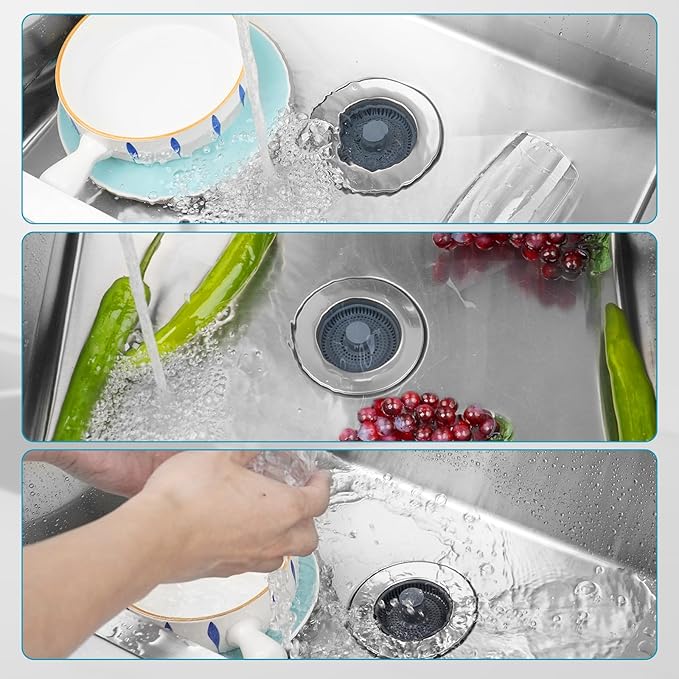 Hibbent Universal 3 in 1 Metal Kitchen Sink Drain Strainer, Upgraded Stainless Steel Drain Stopper Combo, Pop Up Sink Stopper, 3 Anti-Clogging Basket Strainers with Handle for US Standard 3-1/2" Drain