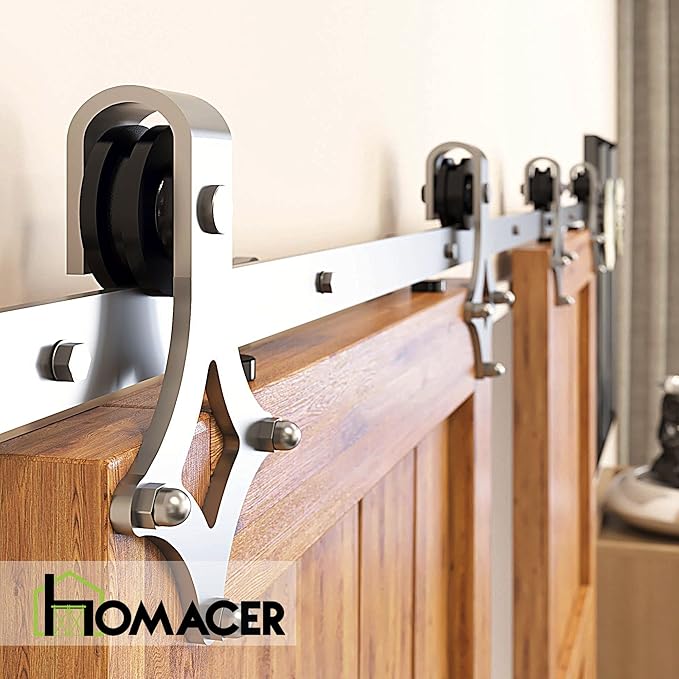 Homacer Brushed Nickel Non-Bypass Sliding Barn Door Hardware Kit, for Two/Double Doors, 6ft Long Flat Track, Diamond Design Roller, Heavy Duty, for Interior Use