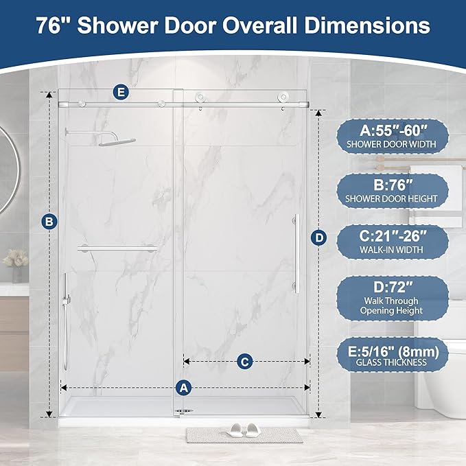 Frameless Shower Door,5/16" (8mm) Glass Sliding Shower Door with Soft-Close & Anti-Leak,Nano Coating Anti-Explosion Film SGCC Tempered Glass 55"-60" X 76"H,Brushed Nickel