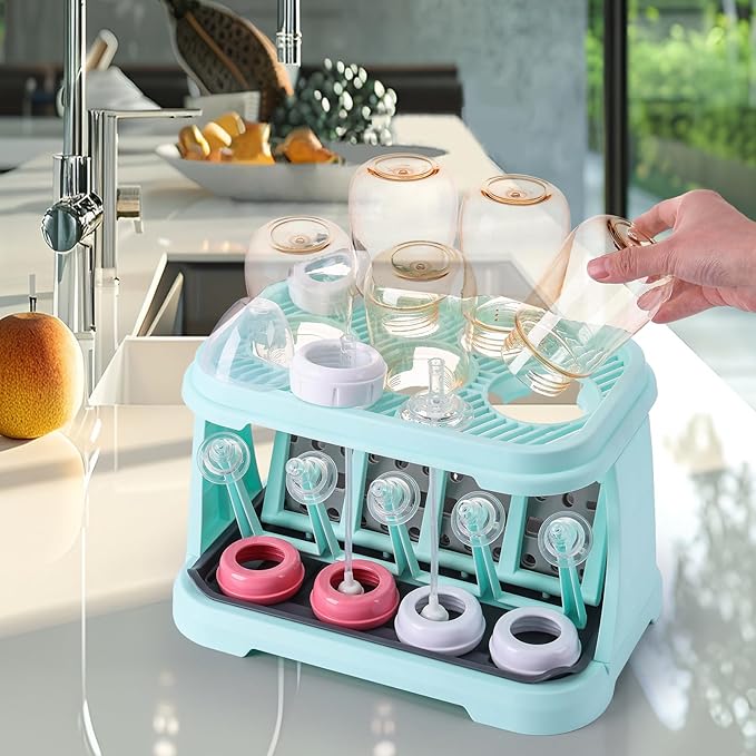 Baby Bottle Drying Rack with Brush & Dishwasher Basket - Space Saving Standing Drying Rack for Baby Bottles, Pump Parts & Accessories, Compact Organizer Holds Up to 8 Bottles (Blue)
