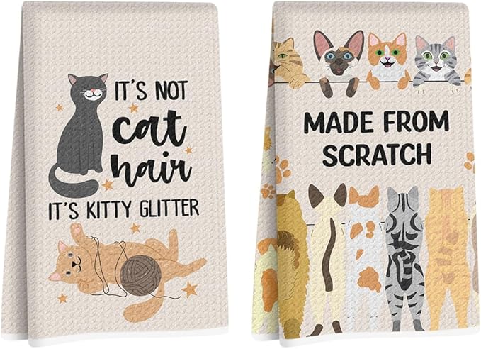 Hanamiya Na 2 Pcs Funny Cat Kitchen Towels 24x14 Inch, Cats Gifts Reusable Dish Towels for Kitchen Bathroom Decor, Waffle Weave Hand Cloth Tea Towel, Cute Cat Lover Gifts for Women Mom Friend