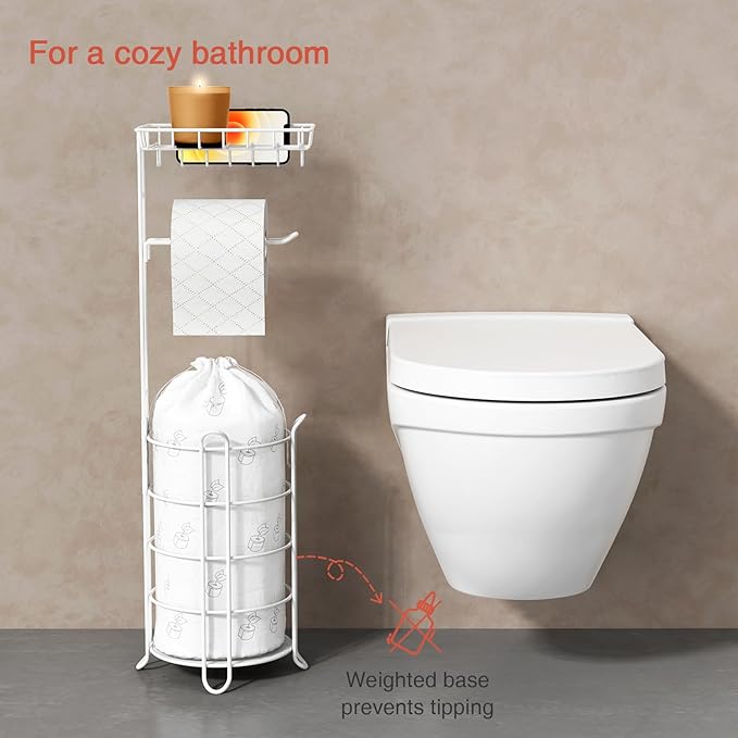 White Toilet Paper Holder Stand with Shelf, Free Standing Bathroom Tissue Holder for Large Mega Rolls, Metal Floor Toilet Paper Roll Holder with Wipes Storage and Phone Tray (White)