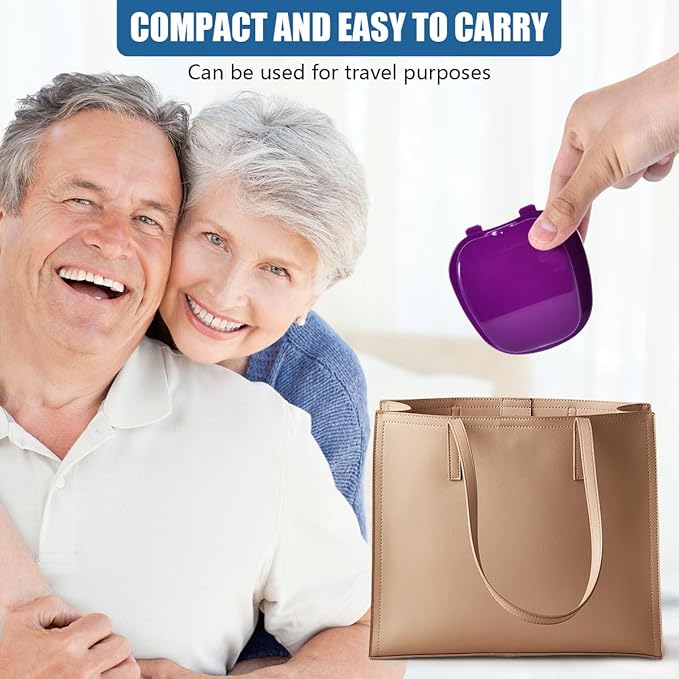 2 Pack Denture Bath Case Cup Box Holder Storage Container with Denture Cleaner Brush Strainer Basket for Travel Cleaning (White and Purple)