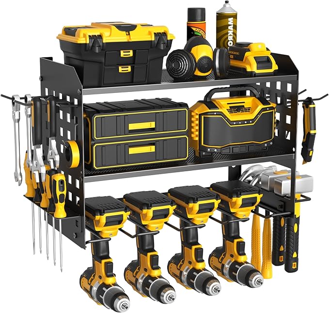 Power Tool Organizer, Heavy Duty Wall Mount Tool Organizer 3 Layers with 4 Drill Holders, Garage Tools Storage Rack with 2 Side Pegboards and Hooks for Workshop, Shed, Black