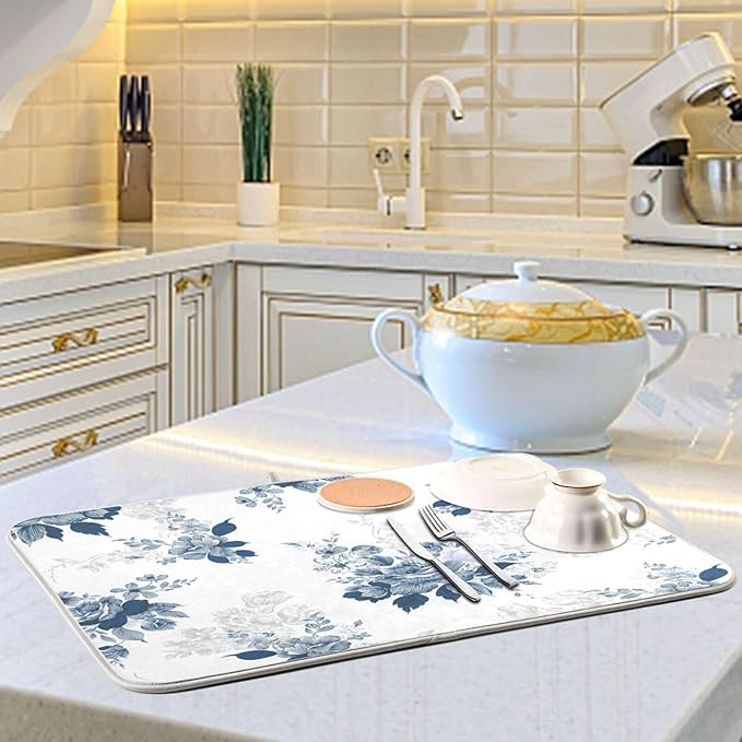 Tarity Watercolor Blue Flower Dish Drying Mat for Kitchen Counter Absorbent Heat Resistant Microfiber Dishes Drainer Mat 18x24 in Large Dish Pad Sink Mat Protective Pad Kitchen Decor