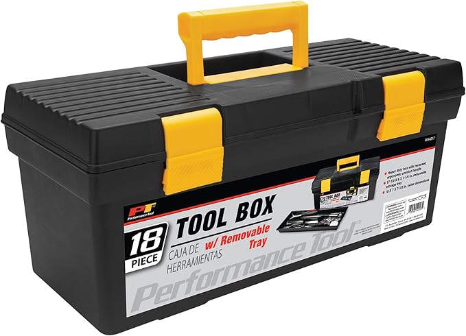 Performance Tool W54017 18-Inch Plastic Box with Handle, Tool Organizer Storage Box, Removable Inner Tray, Lightwieght & Easy to Carry