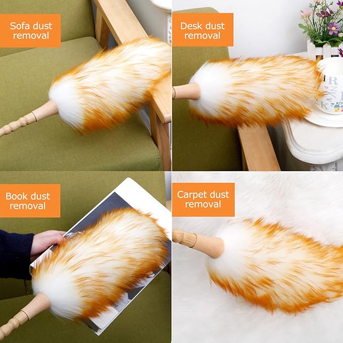 Lambswool Duster with Solid Wooden Handle, Antistatic Soft Wool Duster Dust Cleaner, 19.7in Household Furniture Cleaning Tool