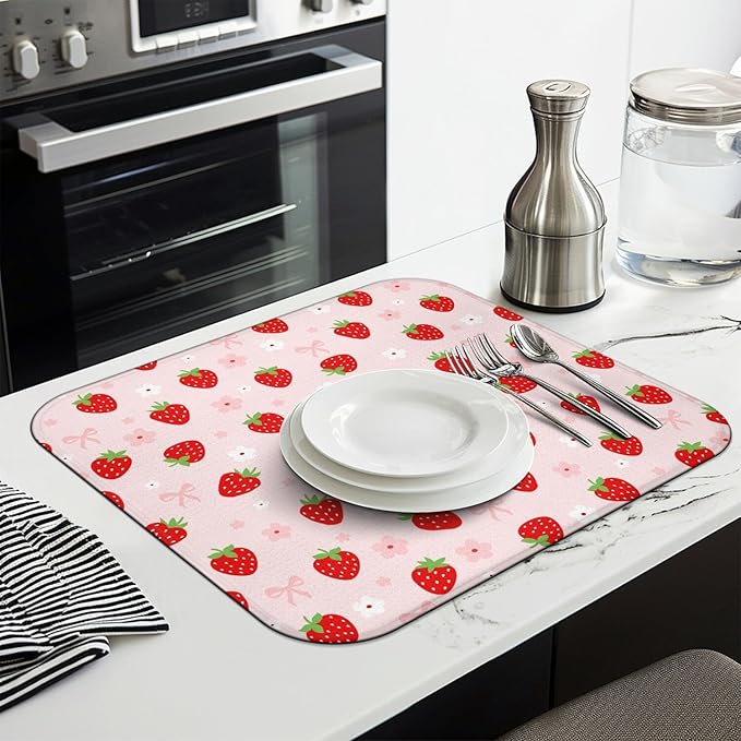 Strawberry Dish Drying Mat for Kitchen Counter,Pink Cute Floral Bow Microfiber Drying Mat,Washable Absorbent Kitchen Countertop Dish Draining Mat,16×18Inch