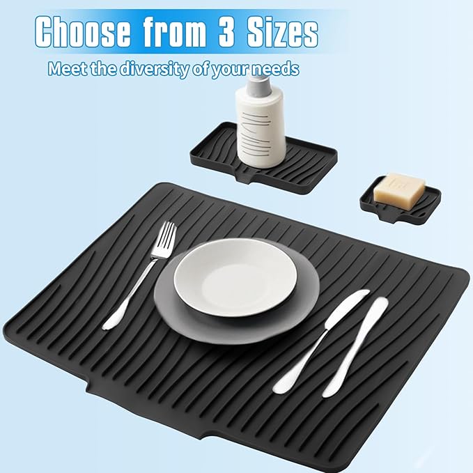 Silicone Dish Drying Mat for Kitchen Counter - Large & Small XL Drainer Mats Set with Lip, Fast Drying Rubber Dish Drain Mat (3, S&L&XL)