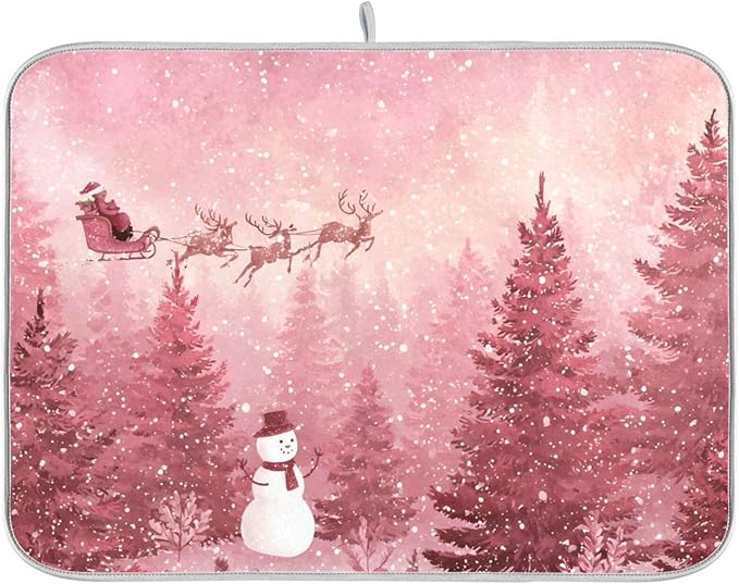 Christmas Forest with Snow Falling Santa Dish Drying Mat for Kitchen Counter Super Absorbent Drying Mat 16x18 inch Large Dish Drying Matts for Countertop Protector Dishes Pad