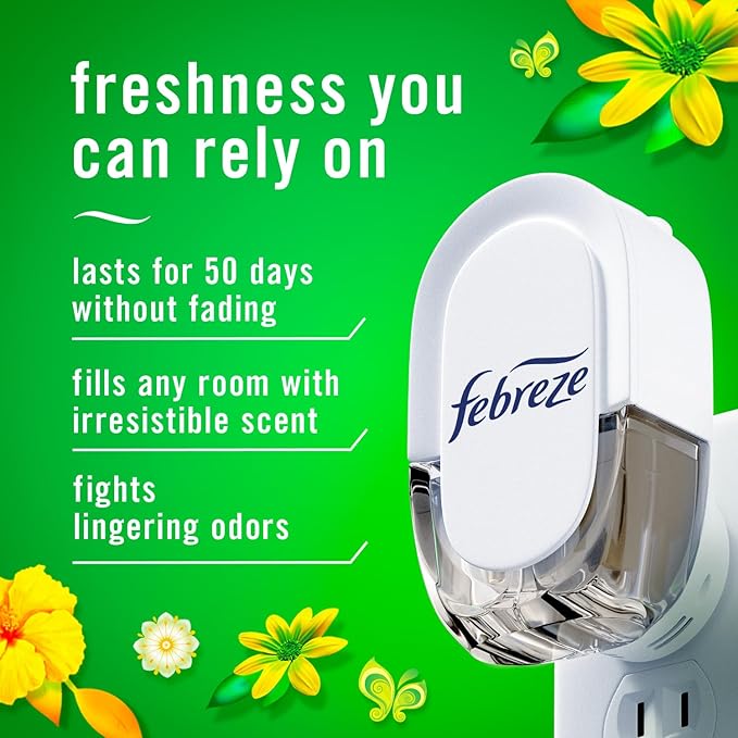 Febreze Plug-In Air Freshener, Odor-Fighting Scented Oil Starter Kit, Air Fresheners for Home, Bathroom and Kitchen, Long Lasting for Strong Odors, Gain Original Scent, Warmer + 2 Refill, Multicolor