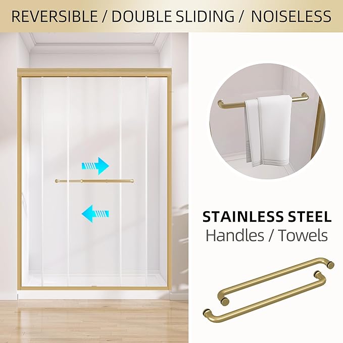GETPRO Shower Door 44-48 in. W x 75 in. H Semi-Frameless Double Sliding Glass Shower Doors, Bypass Glass Door for Walk-in Shower with 5/16 inch Tempered Glass Brushed Gold