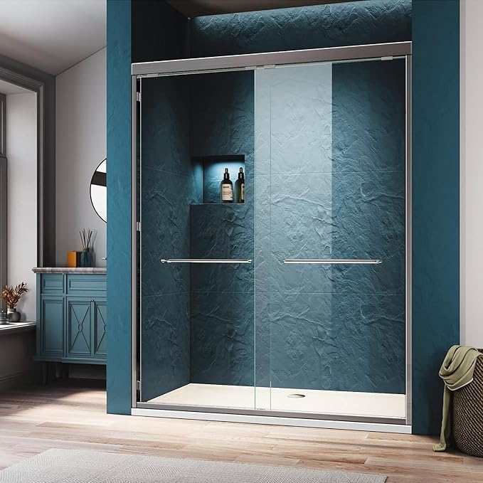 Semi-Frameless Double Sliding Shower Door 60 in. W x 72 in. H,Bathroom Clear Glass Door with Brushed Iron Grey Stainless Steel Hardware Shower Enclosure
