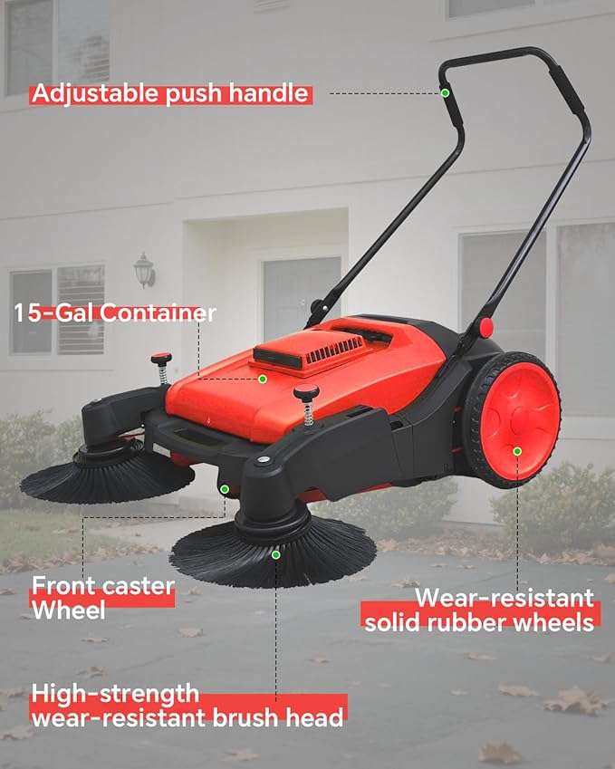 41" Walk-Behind Hand Push Floor Sweeper, 15 Gal Large Capacity, Folding Handle, 46000 SqFt/Hour Indoor & Outdoor Use, Ideal for Large Area Cleaning in Stores Farms Warehouses Stable