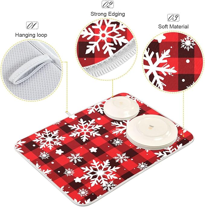 Snowflakes Christmas Checkered Plaid Dish Drying Mat for Kitchen Counter Absorbent Microfiber Drying Pad, Medium 16x18 in