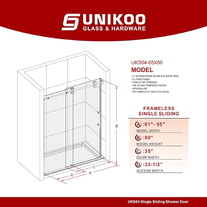 61-65 Inch x 80 Inch Sliding Frameless Shower Door, 3/8" Tempered Glass with Easy-Cleaning Coating, Stainless Steel Rollers & SGCC-Certified Stability, Space Gray