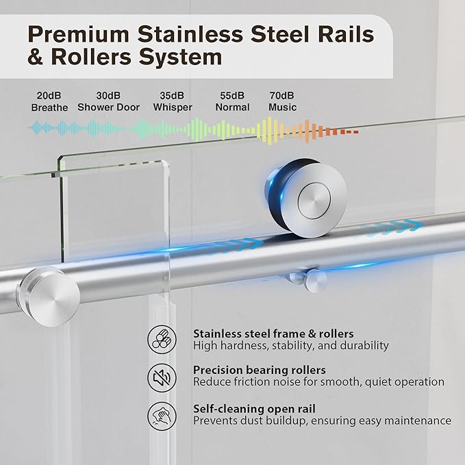 Frameless Glass Shower Door, 61-66" W x 76" H Sliding Frameless Shower Door, 1/4''(6mm) SGCC Tempered Glass, Explosion-Proof Film Nano Coating, Stainless Steel Hardware, Brushed Nickel