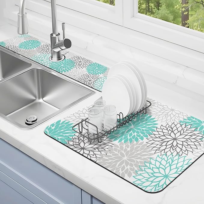 Dish Drying Mat for Kitchen Counter Matt, 2PCS 24"x18" Dish Drainer Mat & 24"x5.5" Sink Splash Guard, Super Absorbent Non-slip Rubber Backed