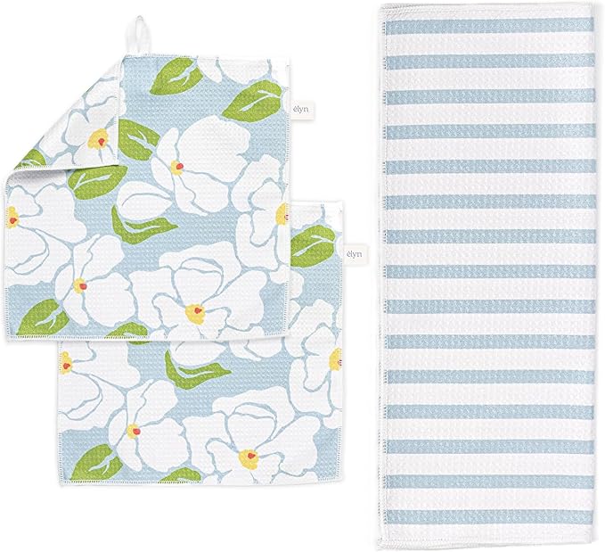 ELYN Microfiber Kitchen Dish Towel & Dish Cloth Set, Quick-Dry & Absorbent Waffle Weave Cleaning Cloths, Set of One Kitchen Towel & Two Washcloths, Paper Towels Alternative (Magnolias & Stripe)