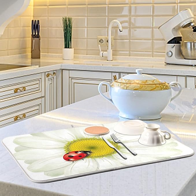 Tarity White Daisy Dish Drying Mat for Kitchen Counter Absorbent Heat Resistant Microfiber Dishes Drainer Mat 18x24 in Dish Pad Sink Mat Protective Pad Kitchen Decor