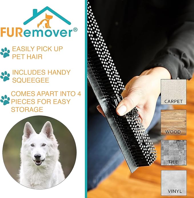 FURemover Sweep Pet Hair Rubber Broom with Squeegee and Attachable Microfiber Cloth and 47” Handle for Tile, Carpet and Hardwood