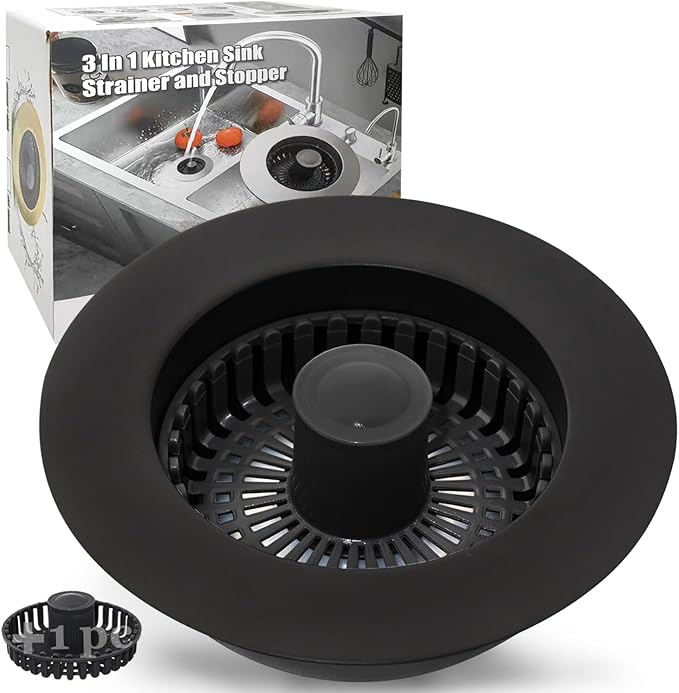 Kitchen Sink Drain Strainer, 3 in 1 Pop Up Kitchen Sink Stopper, with An Extra Basket Strainer, Universal for US Standard 3-1/2 Inch, Black