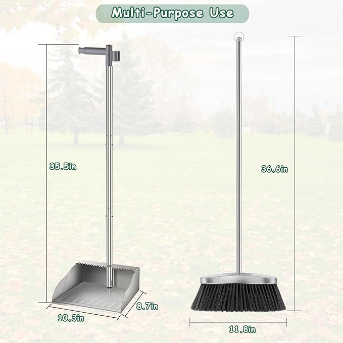 Dust Pans with Long Handle,Heavy Duty Metal Dust Pan with Handle,Upright Stand Up Dustpan with Dust Pan Teeth to Clean Hair for Home Kitchen Office Lobby Floor Garden