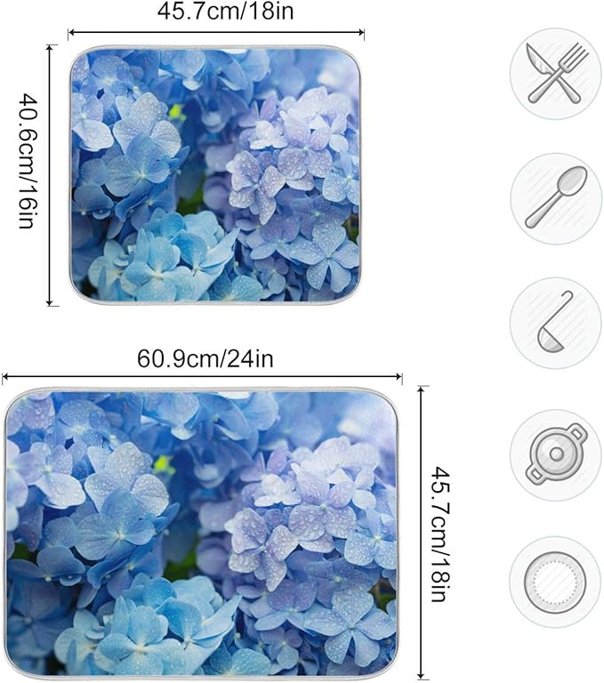 Tarity Blue Hydrangeas Dish Drying Mat for Kitchen Counter Absorbent Heat Resistant Microfiber Dishes Drainer Mat 16x18 in Dish Pad Sink Mat Protective Pad Kitchen Decor